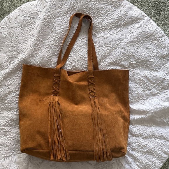 Hand Crafted Handbags - Argentine Real Suede British Tan Cognac Tote Bag with Tassels